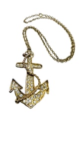 VINTAGE RHINESTONE HEAVY GOLD TONE ANCHOR NECKLACE