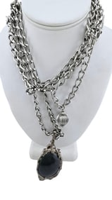 VINTAGE BRUTALIST STONE AND PEWTER ARTISAN STYLE PENDANT ON INTERESTING CHAIN NECKLACE OR BELT