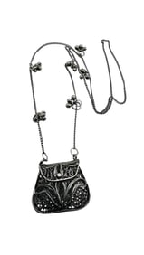 VINTAGE SILVERTONE FILIGREE TRIBAL/ETHNIC POCKETBOOK PENDANT NECKLACE WITH BELLS