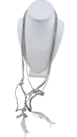VINTAGE SILVERTONE LONG MULTICHAIN NECKLACE WITH FISH