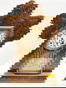 Ornate Oak Wood E. Ingraham Eight Day Gingerbread Mantle Clock