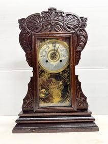 Vintage antique Ornate Fumed Oak wooden gingerbread mantle clock