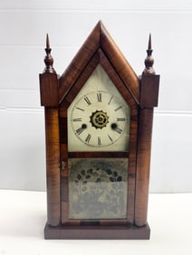 Antique Estate Applied Burled Wood steeple mantle clock