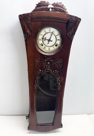 German Art Nouveau Carved Wood Large Wall Clock