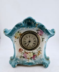 ANTIQUE ANSONIA PORCELAIN ROYAL BONN GRANITE FLORAL CLOCK