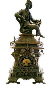 ANTIQUE VERY HEAVILY DETAILED BRONZE FIGURAL CLOCK WITH STATUE ON TOP: ANTIQUE VERY HEAVILY DETAILED BRONZE FIGURAL CLOCK WITH STATUE ON TOP. HAS KEY. SITTING FIGURE PROBABLY NOT ORIGINAL TO THE CLOCK. NO GLASS FACE. CLOCK 16", STATUE IS 8". Selling "as is." Not sure if