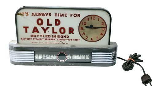 VINTAGE ART DECO OLD TAYLOR KENTUCKY BOURBON WHISKEY ADVERTISING CLOCK