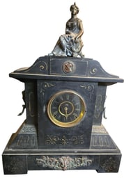 ANTIQUE MARBLE ORNATE MANTLE CLOCK WITH LIONS AND LADY TOPPER