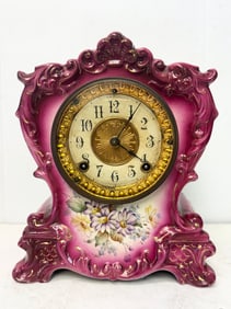 Tuckahoe Ansonia Porcelain Pink Floral Mantle Clock