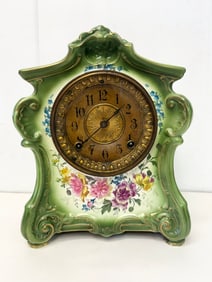 Antique Victorian Royal Bonn Germany Green Porcelain La Fontaina Ansonia Mantle Clock