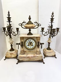 Antique Japy Freres French White Onyx Stone Mantle Clock with Two Candelabras, set of 3