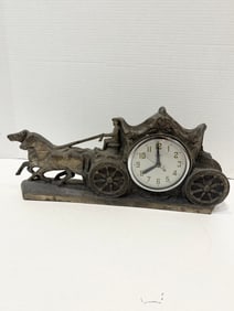 Antique United Electric Two Horses & Carriage Pewter Made In USA Mantel Clock