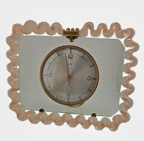 Vintage Iatos Art Deco Mid-Century Modern Murano Twisted Pale Pink And Clear Glass Table Top Clock
