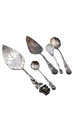 SET OF 5 FLORAL SERVING PCS MARKED 700 AND 800 PROBABLY COIN SILVER