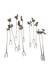VINTAGE PERUVIAN 850 SILVER FIGURAL HORS D'OEUVRES PICKS/COCKTAIL FORKS SET OF 12