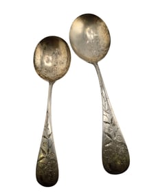 VINTAGE SET OF 2 ETCHED STERLING INITIALED D SERVING SPOONS