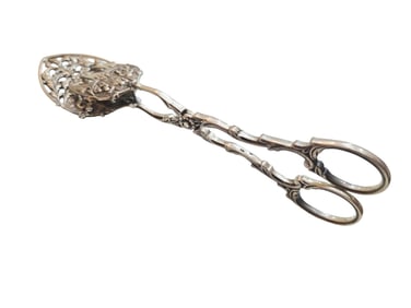 ANTIQUE DECORATIVE SILVER PLATE TONGS WITH CHERUBS