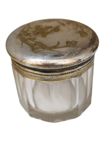 VINTAGE SILVERPLATE ENGRAVED GLASS POWDER JAR