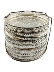 VINTAGE STERLING & GLASS PIERCED COASTER SET OF 8 WITH HOLDER