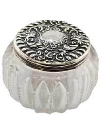ANTIQUE STERLING REPOUSSE COVERED CUT CRYSTAL POWDER JAR