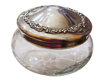 ANTIQUE HALLMARKED FANCY ETCHED GLASS AND STERLING POWDER JAR