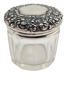 ANTIQUE TINY FANCY STERLING REPOUSSE POWDER JAR