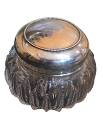 ANTIQUE FANCY CUT GLASS POWDER JAR WITH STERLING COVER