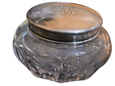 ANTIQUE FANCY GLASS POWDER JAR WITH STERLING INITIALED COVER