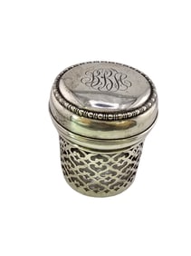 ANTIQUE STERLING RARE INITIALED COVERED POTPOURRI JAR WITH GLASS BOTTOM MARKED 82 STERLING