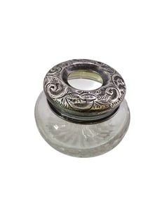 ANTIQUE STUNNING ELABORATE STERLING & GLASS HAIR RECEIVER JAR