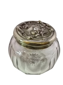 ANTIQUE ART NOUVEAU SILVERPLATE FLORAL COVERED JAR FANCY GLASS
