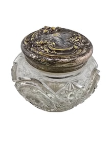 ANTIQUE ART NOUVEAU SILVERPLATE RAISED DESIGN COVERED CUT CRYSTAL COVERED JAR