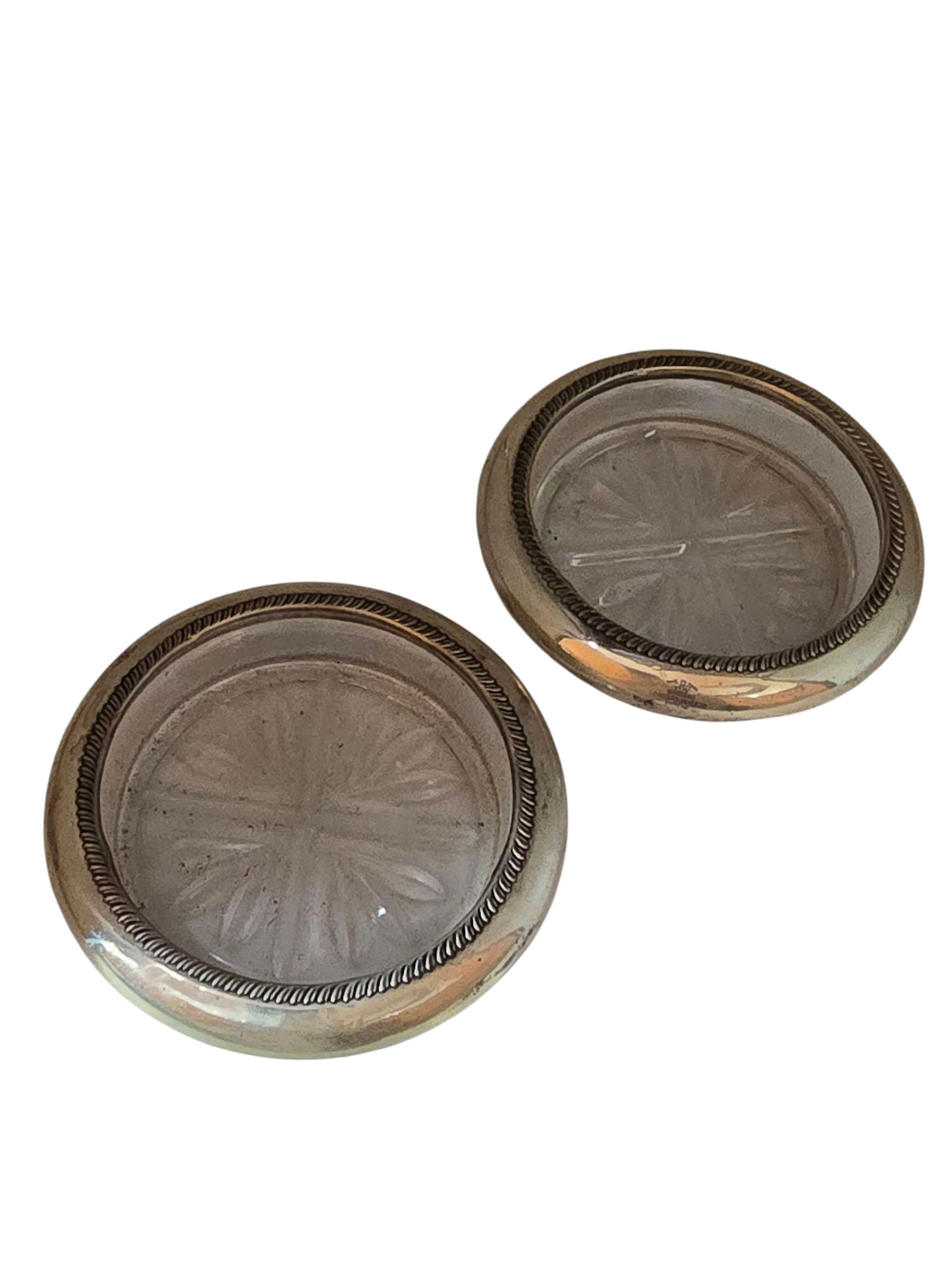 VINTAGE PAIR OF GLASS AND STERLING COASTER: VINTAGE PAIR OF GLASS AND STERLING COASTER. 3.5".