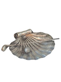 ANTIQUE UNIQUE STERLING FOOTED SHELL DISH WITH GOLF CLUB & BALL 925 FINE STERLING HALLMARKED