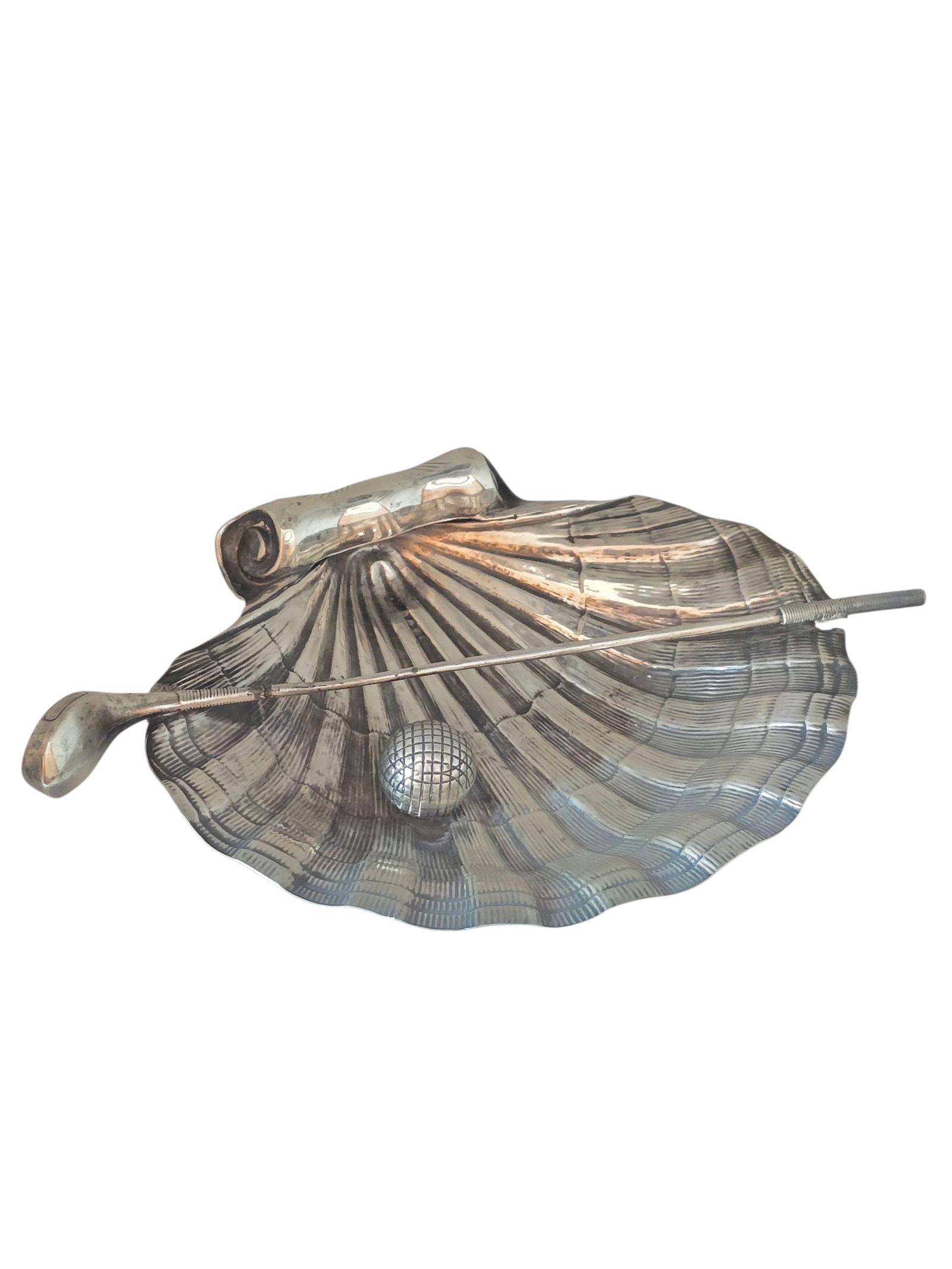 ANTIQUE UNIQUE STERLING FOOTED SHELL DISH WITH GOLF CLUB & BALL 925 FINE STERLING HALLMARKED (1 of 8)