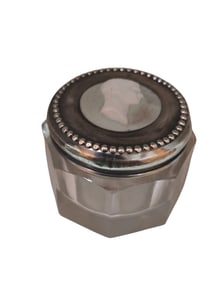 ANTIQUE TINY RESIN CAMEO AND STERLING COVERED JAR