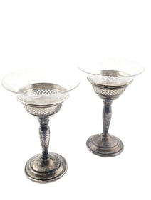 VINTAGE EL-SIL-CO PAT 986 958 DECORATIVE PIERCED STERLING AND ETCHED GLASS GLASSES SET OF 2