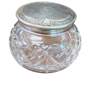 ANTIQUE STERLING SILVER CUT CRYSTAL COVERED VANITY JAR