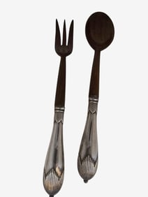 VINTAGE MCM STERLING AND TEAK WOOD SALAD FORK SET