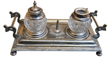 ANTIQUE VICTORIAN SILVER PLATE AND CRYSTAL INKWELL SET