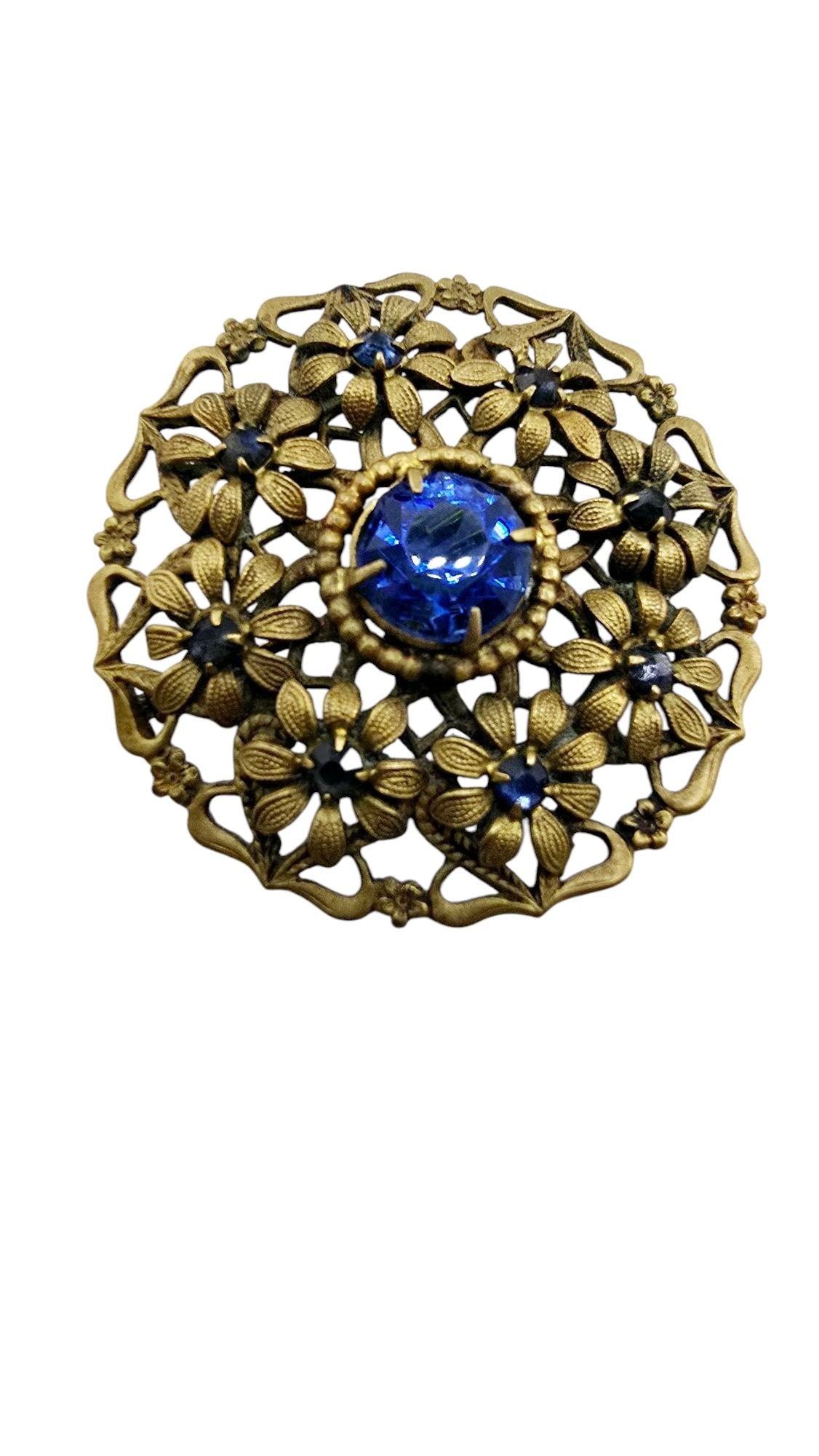 ANTIQUE FLORAL BRASS AND GLASS BROOCH WITH TROMBONE CLASP (1 of 3)