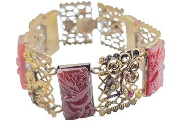 STUNNING CZECH MOLDED GLASS AND FILIGREE PANEL BRACELET