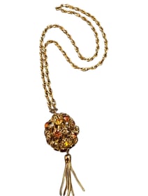 FUN BLINGY SHADES OF CITRINE RHINESTONE BALL AND TASSEL NECKLACE