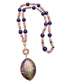 VINTAGE ALL GLASS POSSIBLE SEMI PRECIOUS DOUBLE SIDED ORCHARD CLOISONNE PENDANT NECKLACE