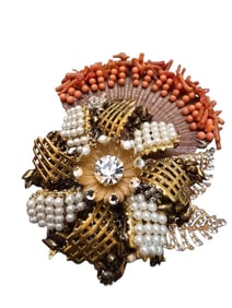 VINTAGE NOS VRBA RHINESTONE AND CORAL SHELL FLOWER BROOCH