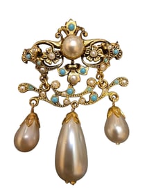 ANTIQUE POSSIBLE FRENCH GILT ELABORATE GLASS PEARL DANGLE BROOCH WITH TROMBONE CLASP