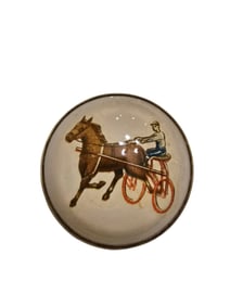 ANTIQUE HORSE AND JOCKEY ROSETTE BRIDLE GLASS BROOCH