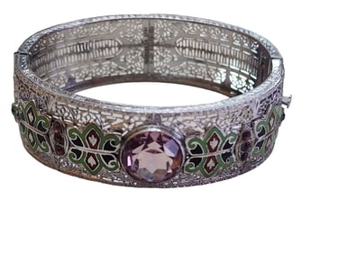 VINTAGE EXCEPTIONAL DECO/EDWARDIAN FILIGREE ENAMEL GLASS BANGLE BRACELET