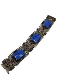 VINTAGE CZECH STYLE FILIGREE BRASS & LAPIS GLASS BRACELET