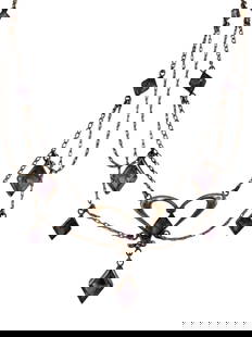 ANTIQUE EDWARDIAN GLASS LAVAILER FESTOON NECKLACE: Antique Edwardian glass lavailer festoon necklace. Stunning purple faceted stones, bezel set. Spring ring closure is newer to the necklace and brighter in clolor. Beautiful dainty chain with nice pati